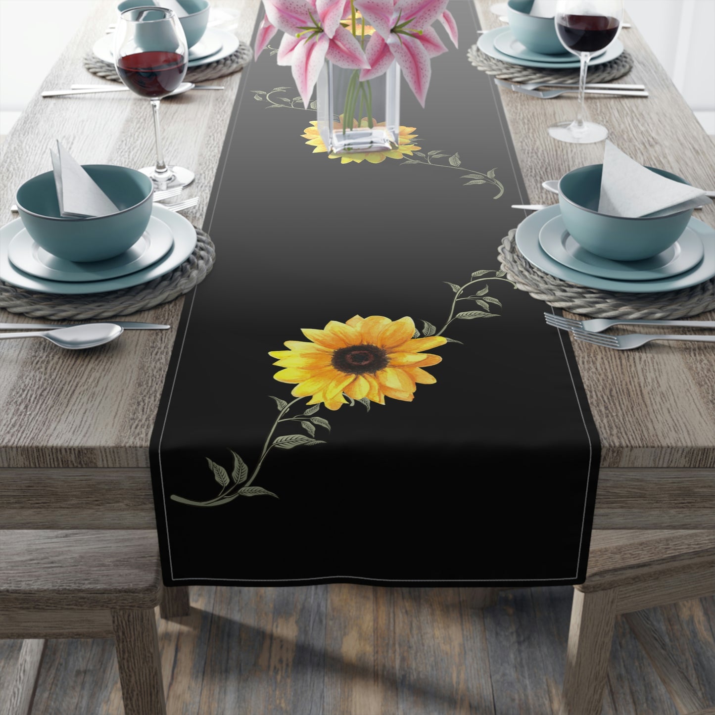 black table runner with yellow sunflowers