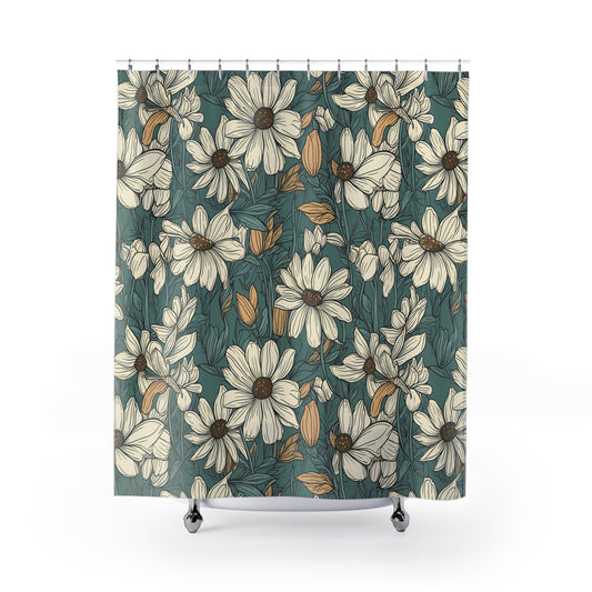 green shower curtain with white and beige daisy print