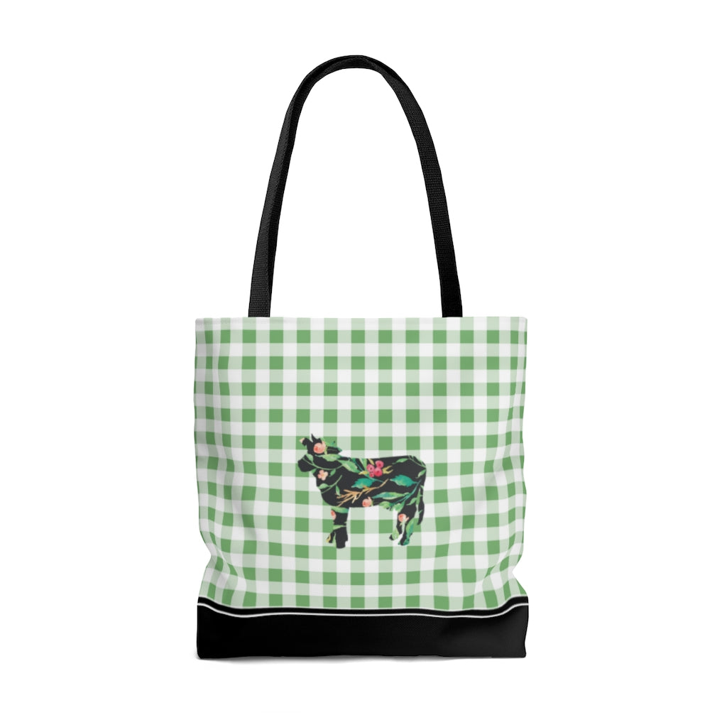 floral cow tote bag with green buffalo plaid pattern