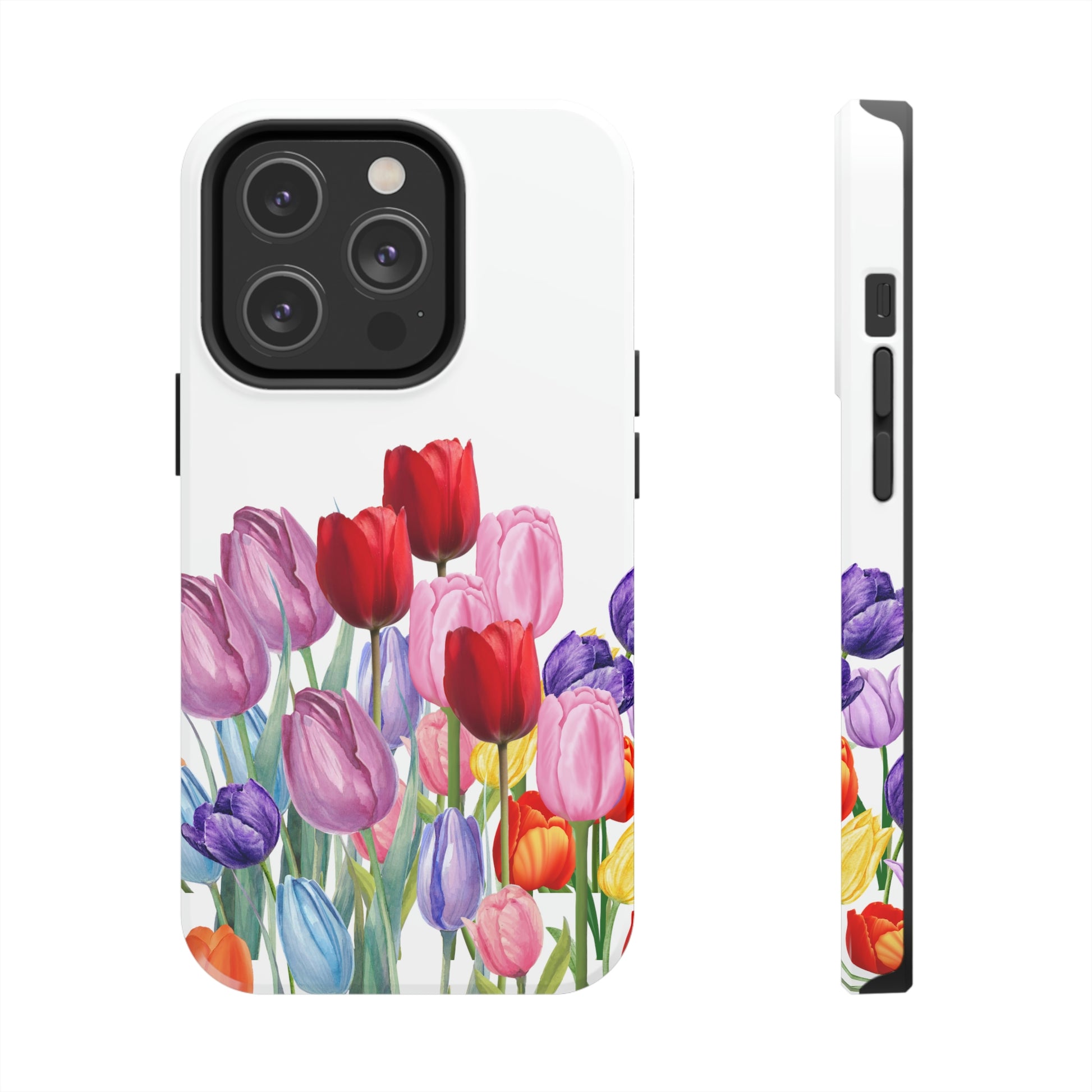 spring tulip iphone case with red, purple, pink, yellow and blue tulip print