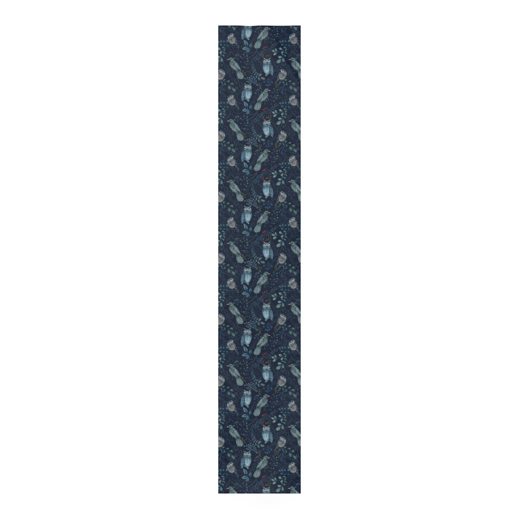 light blue and navy blue table runner with birds and owls and winter berry pattern 