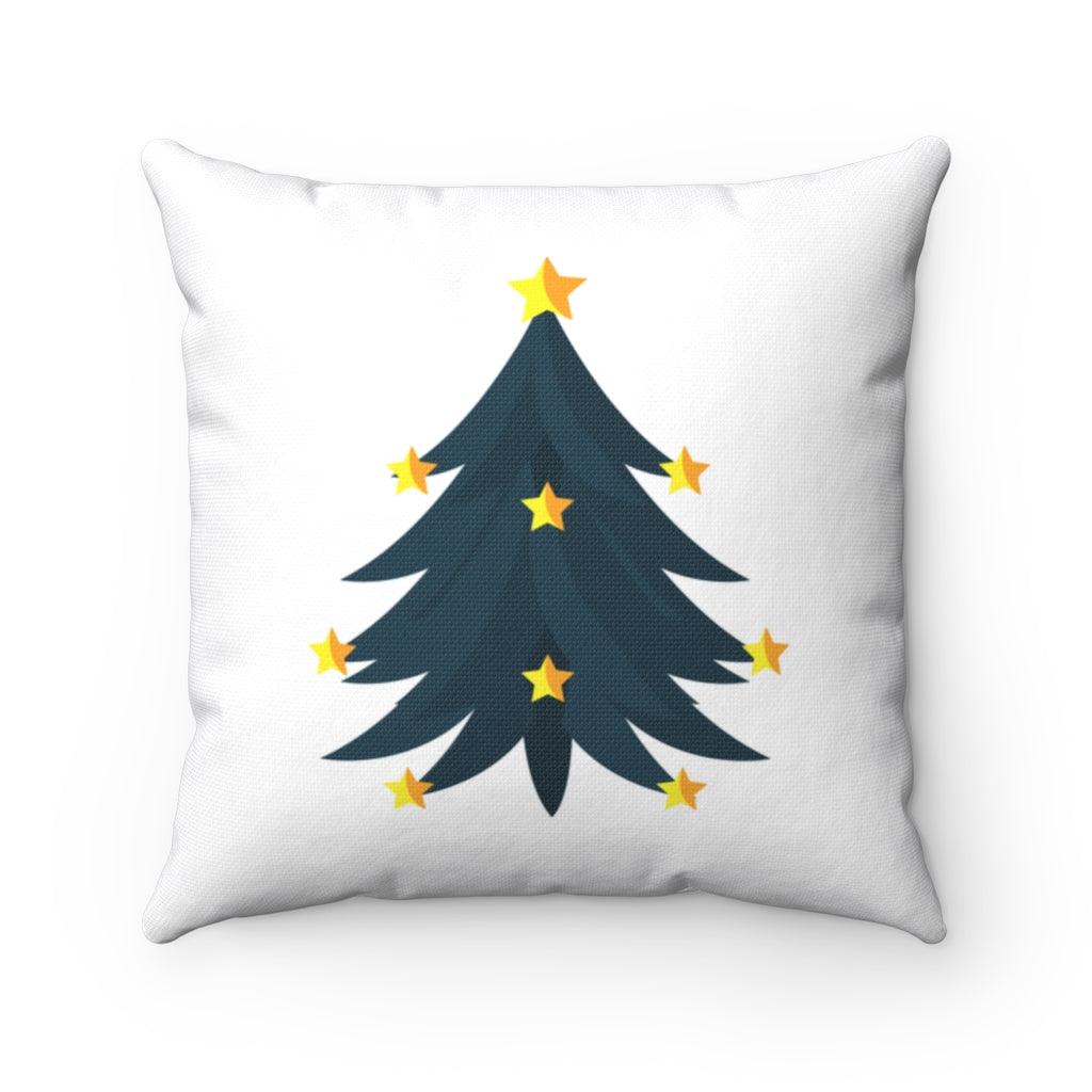 christmas pillow with a navy blue tree and yellow stars 