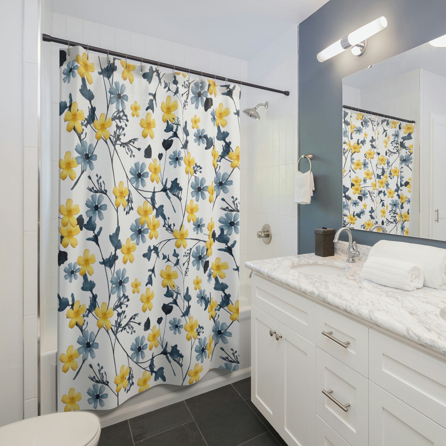 Flower Shower Curtain / Yellow Bathroom Decor / Blue Shower Curtain