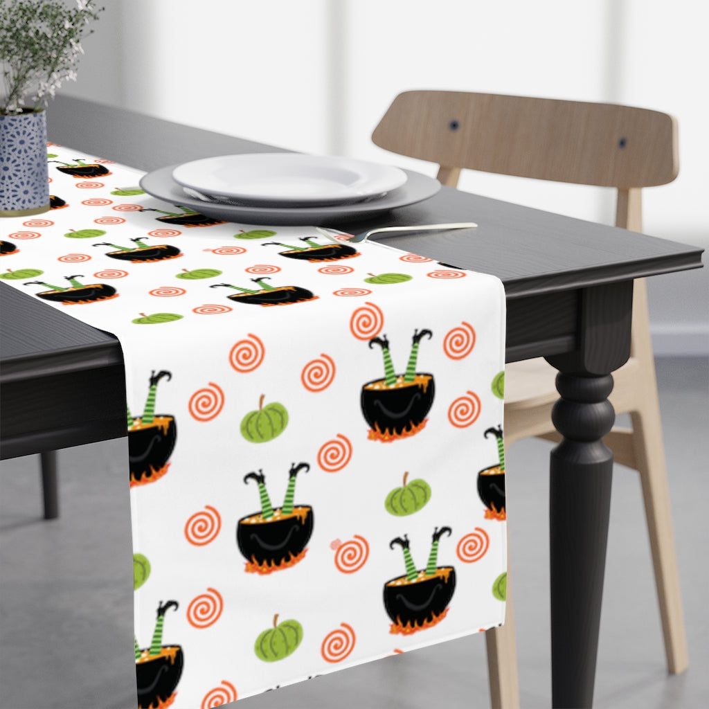 cute witch table runner with halloween witch and green pumpkin pattern