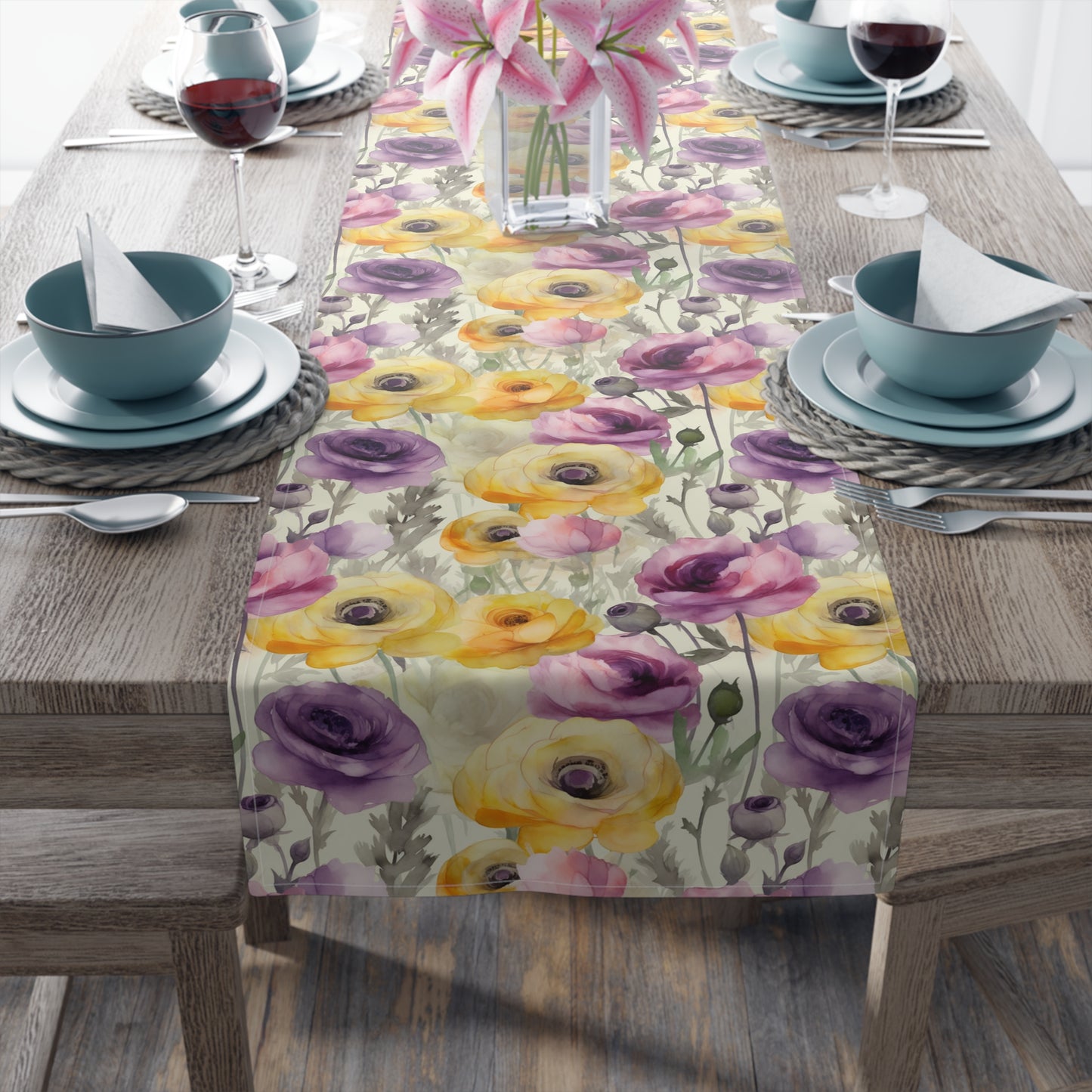 summer yellow and purple floral table runner