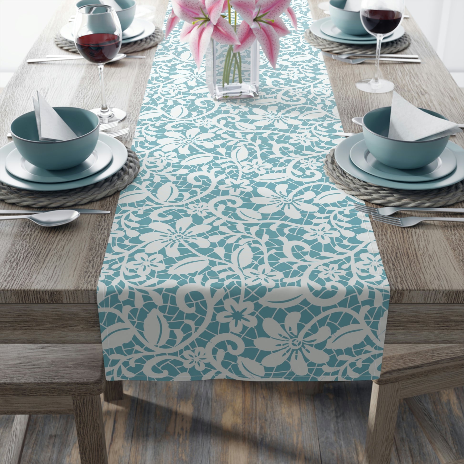 blue and white floral table runner