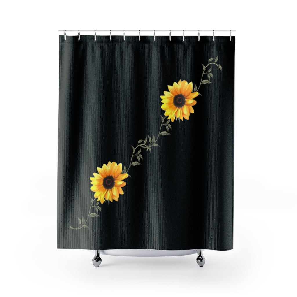 black shower curtain with two yellow sunflowers with leaves