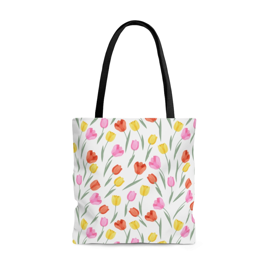 spring tote bag with red, yellow and pink tulips