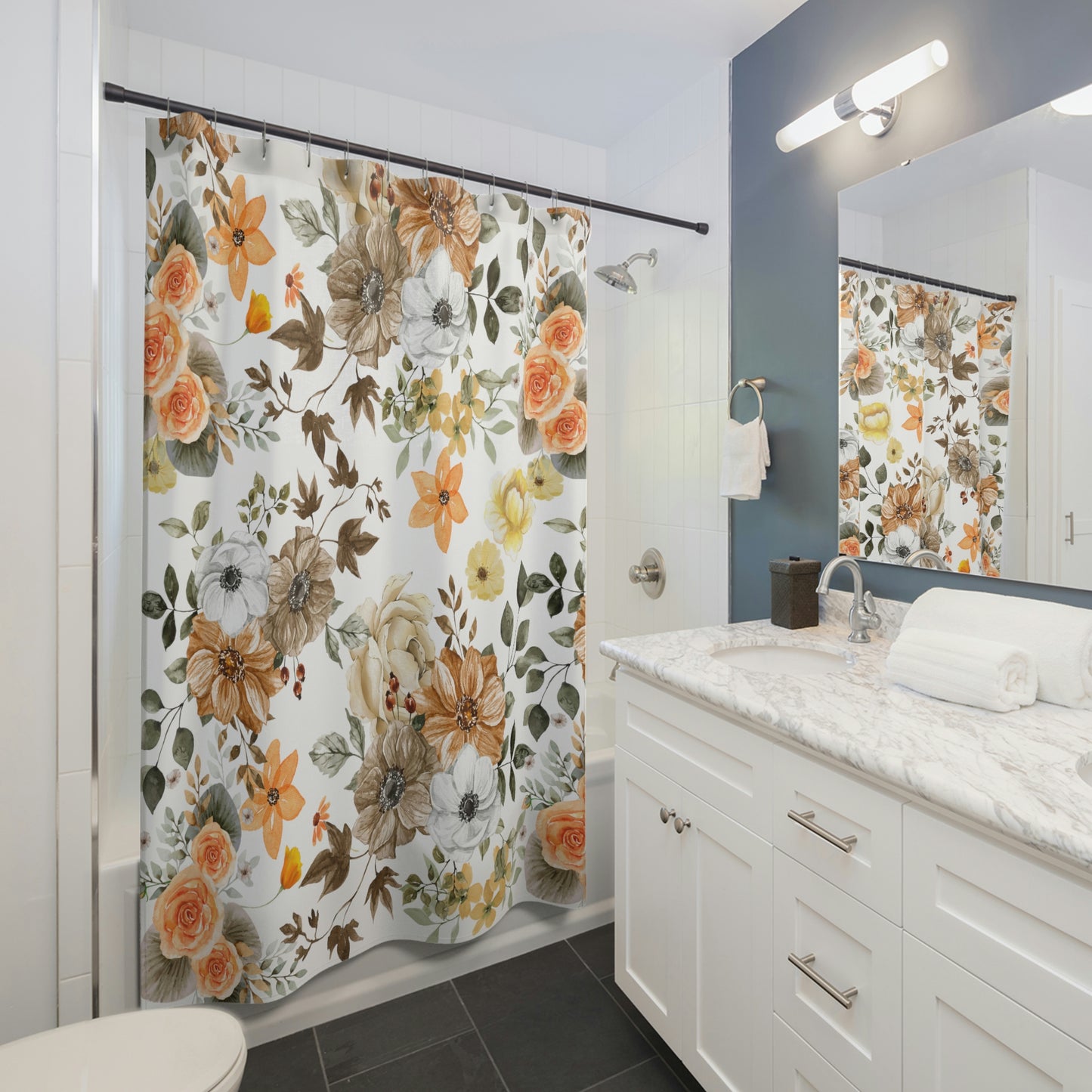 Flower Shower Curtain / Orange Bath Decor / Brown Shower Curtain