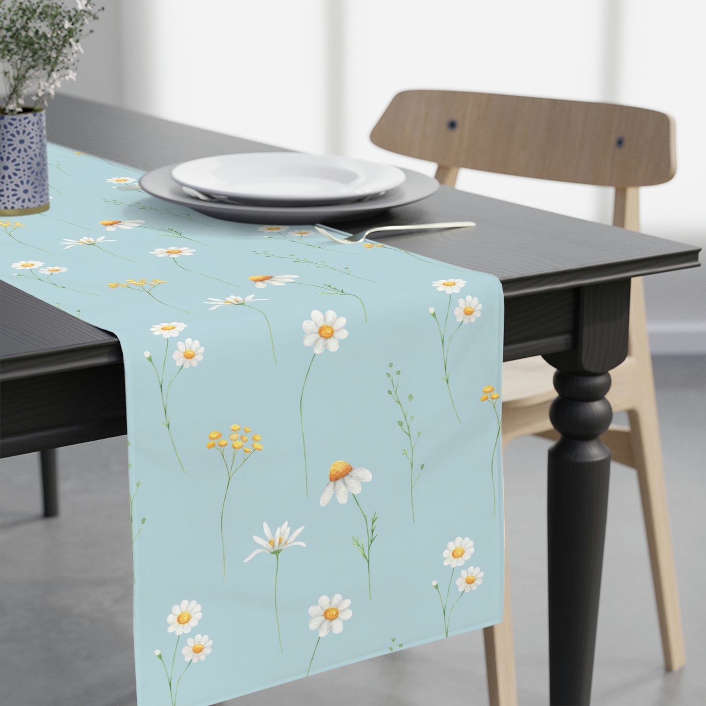 light blue spring table runner with daisy print