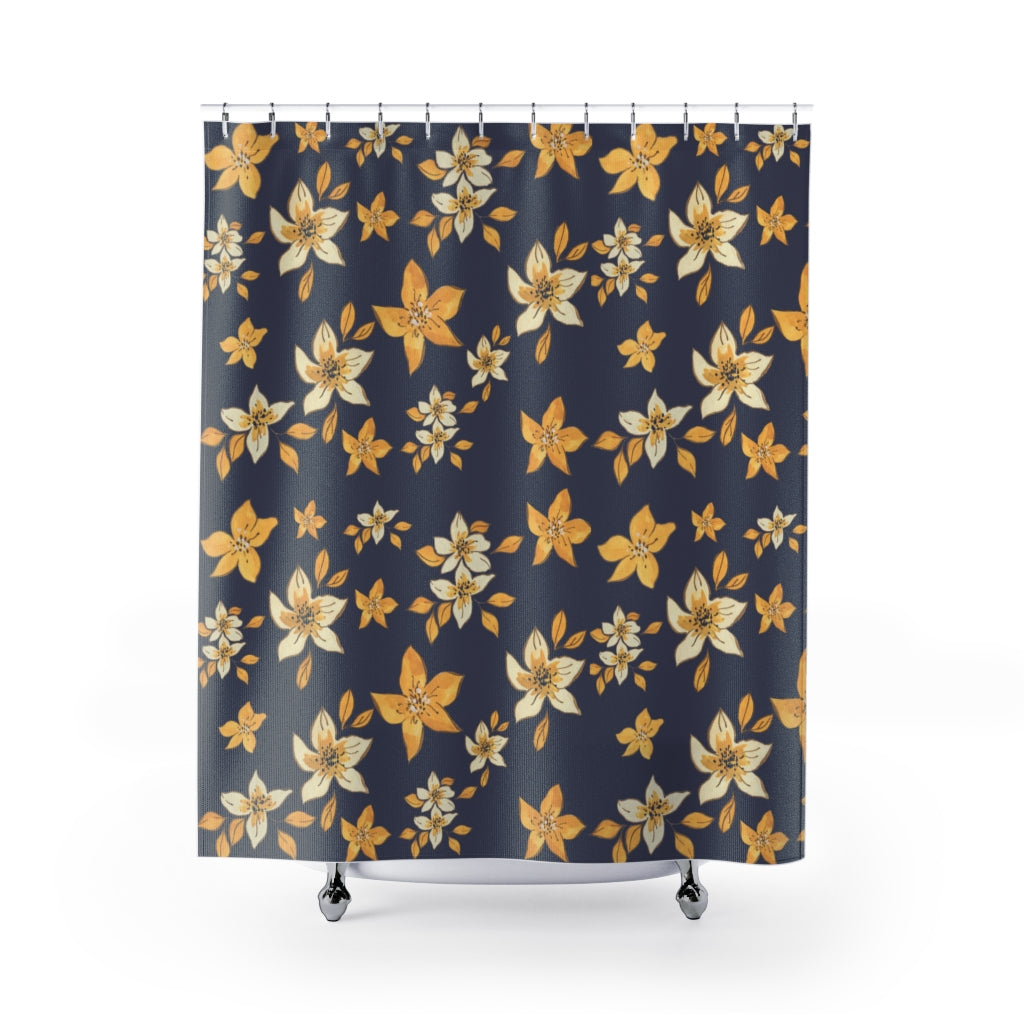 Navy Blue and Yellow Floral Shower Curtain