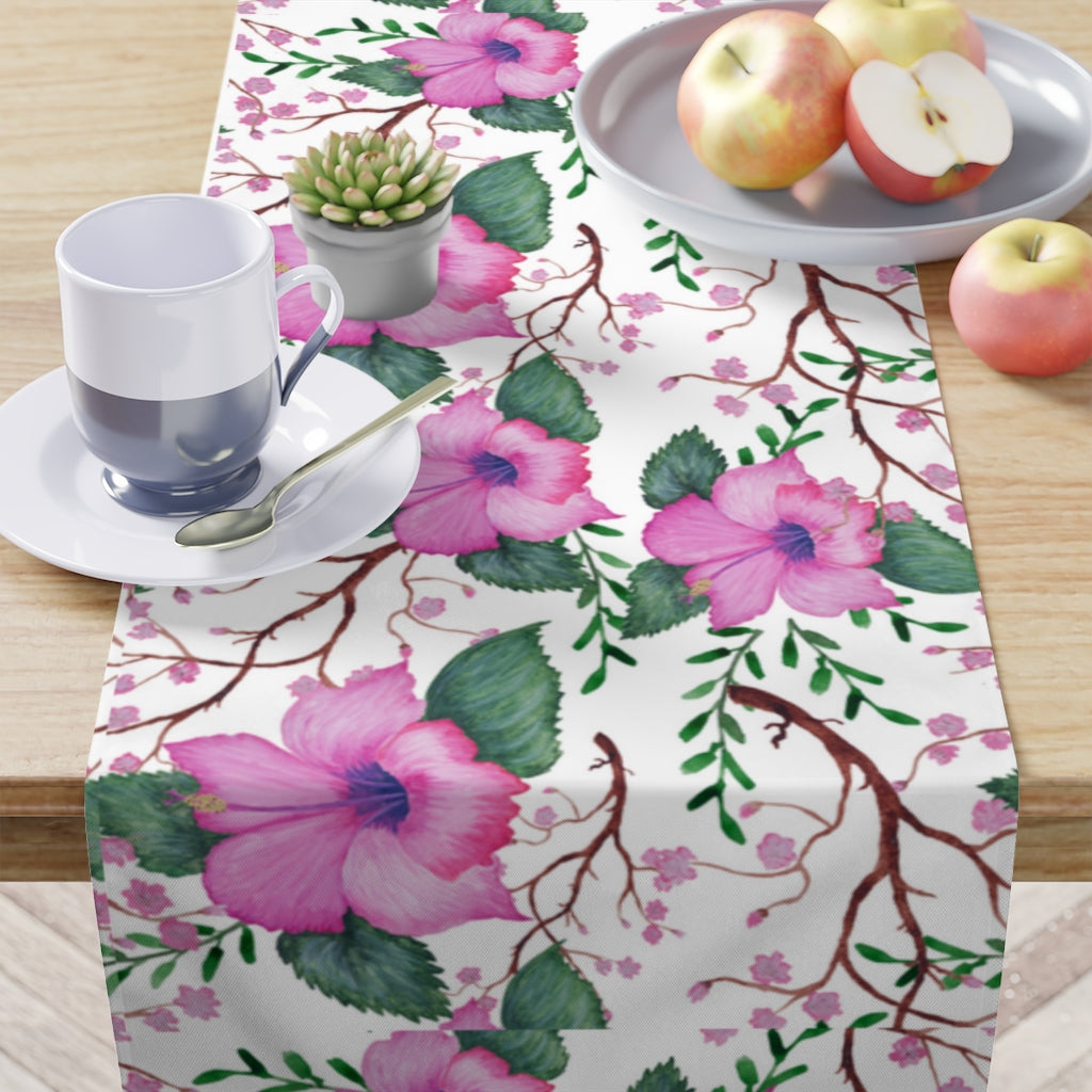 farmhouse floral table runner with pink floral pattern