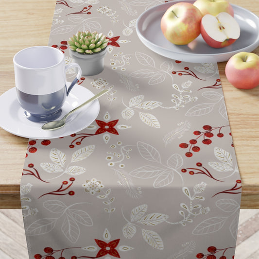 gray, red and white table runner with winter berry and white leaves 