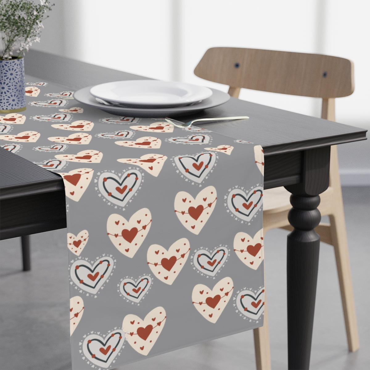 grey heart valentines day table runner