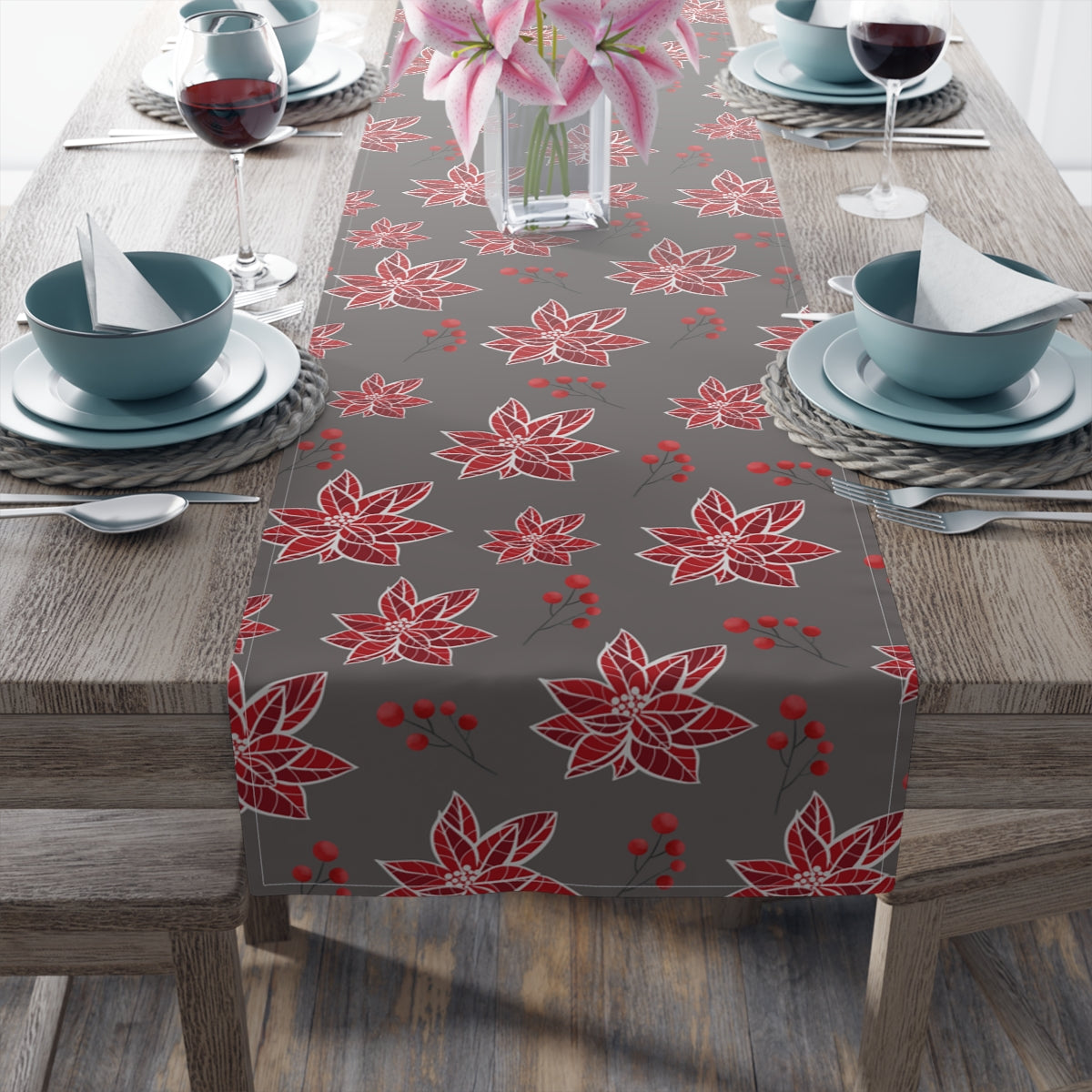 christmas table runner with poinsettia pattern