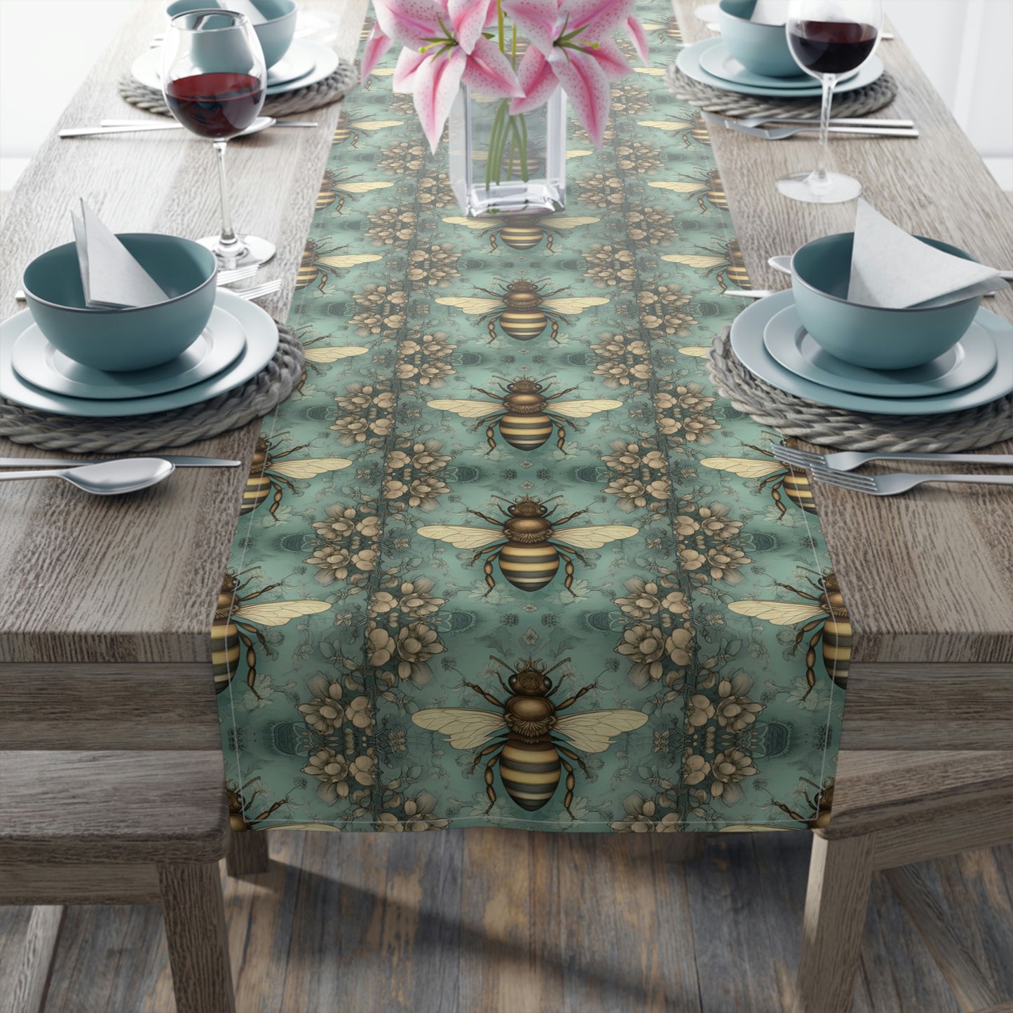 summer table runner with antique honey bee and flowers on a teal blue background