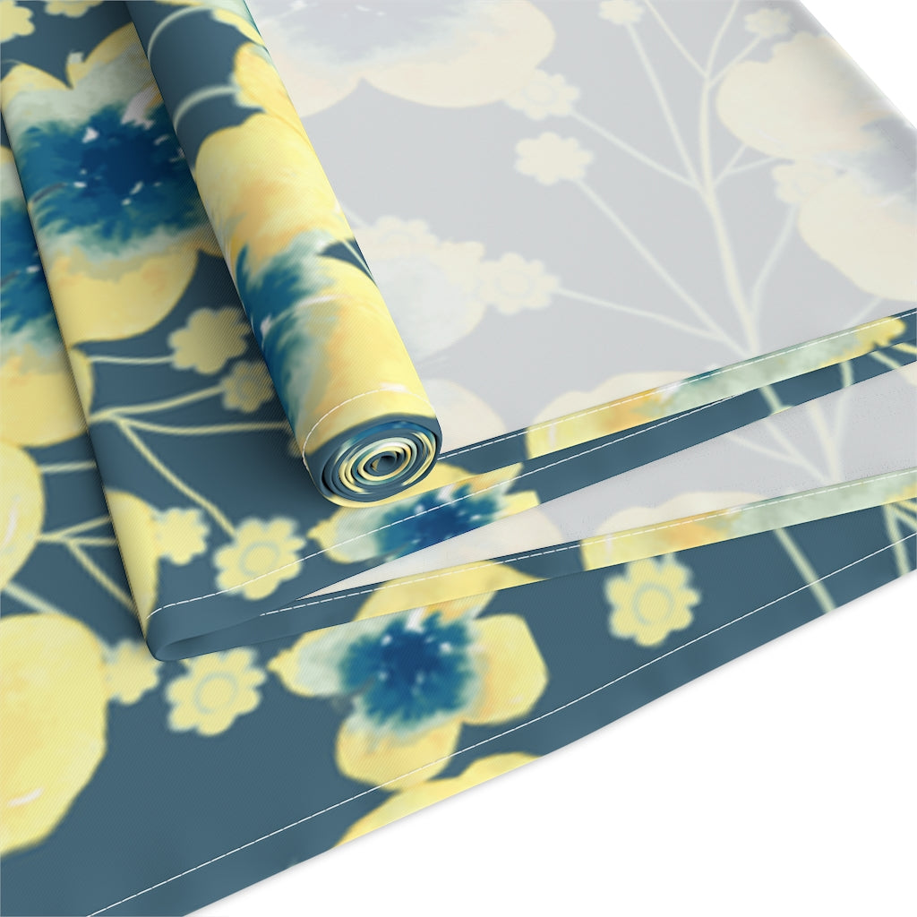 blue and yellow floral table runner