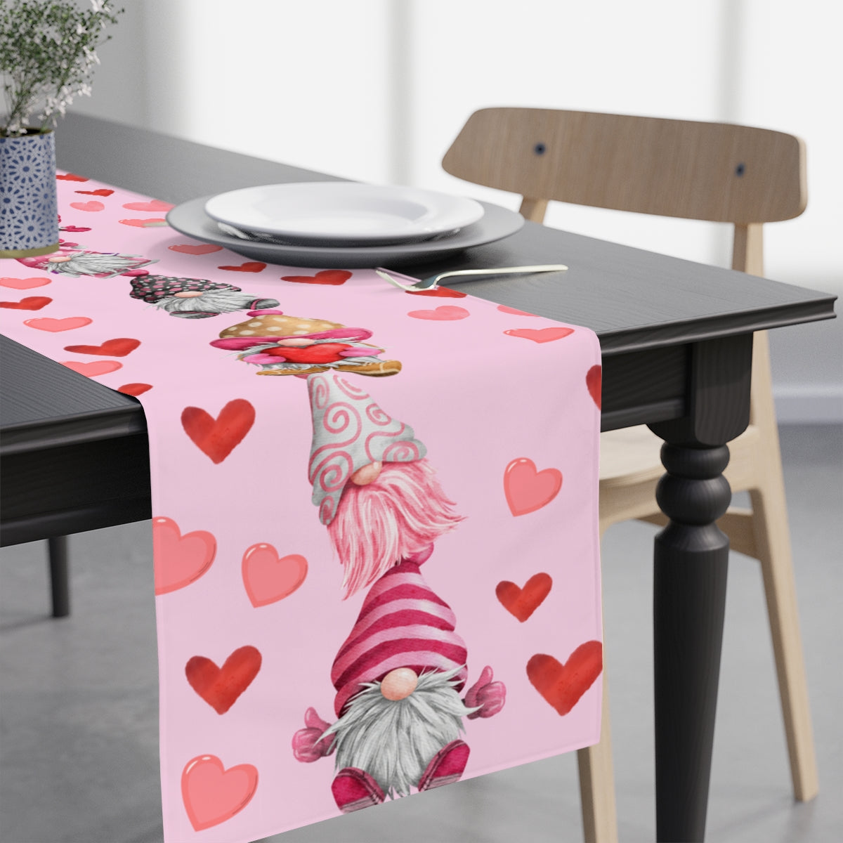 pink and red valentines day gnome table runner