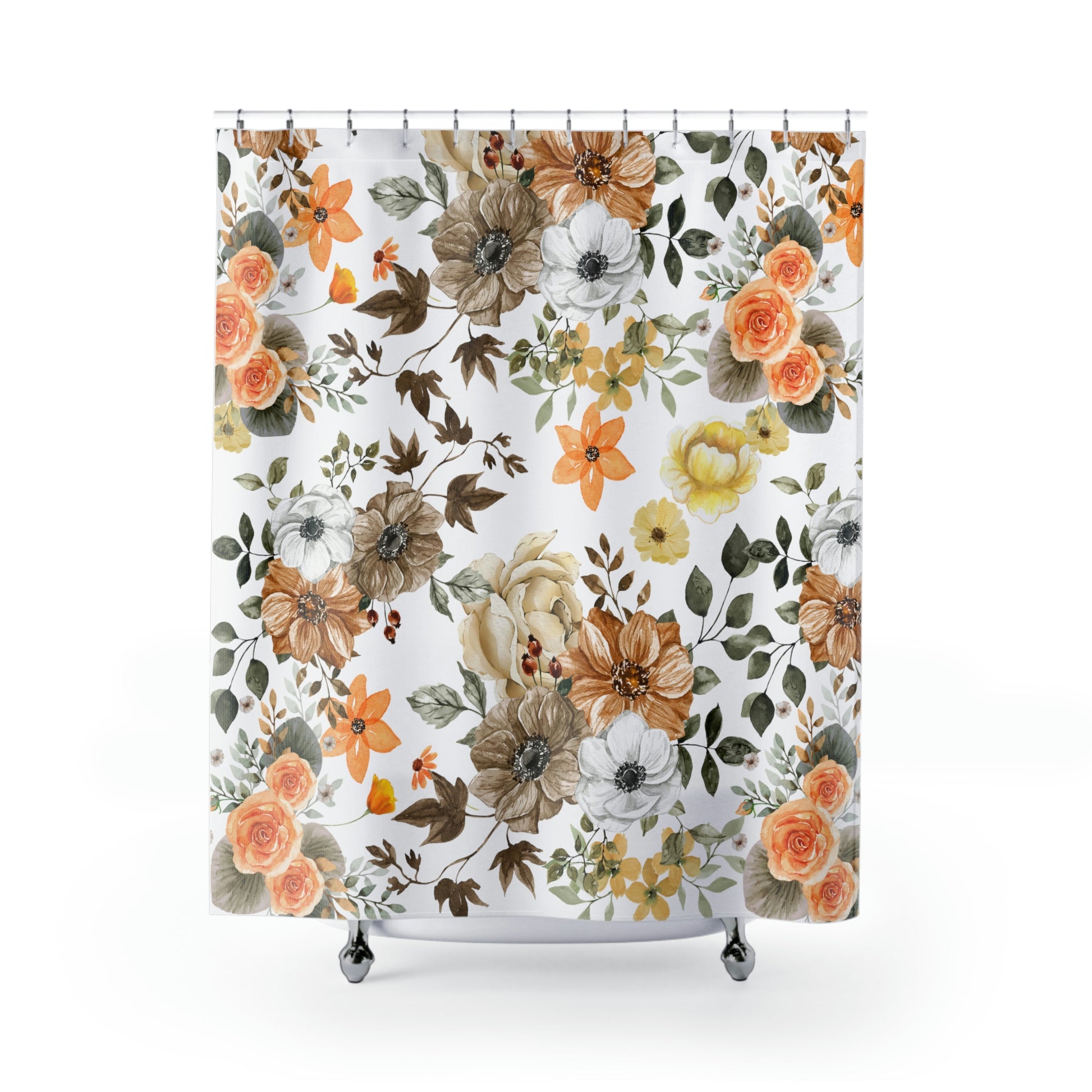 brown, yellow and orange floral shower curtain