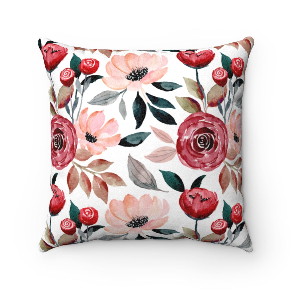 farmhouse floral pillow with red and pink flowers