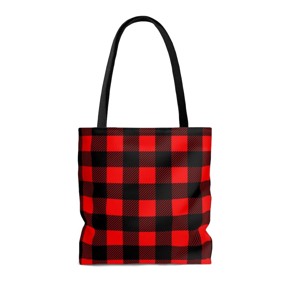 womens tote bag in red and black buffalo plaid