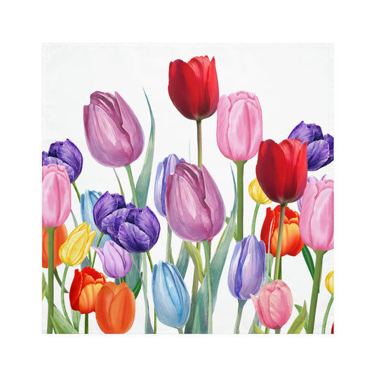 spring tulip cloth napkins with pink, purple, orange, yellow and blue tulip print
