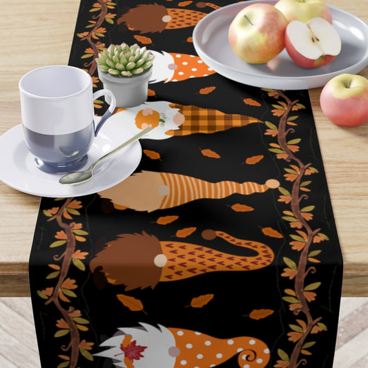 black fall gnome table runner with fall leaves and gnome pattern