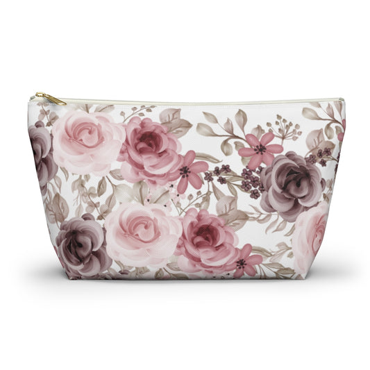 flower make up bag with pink and purple roses