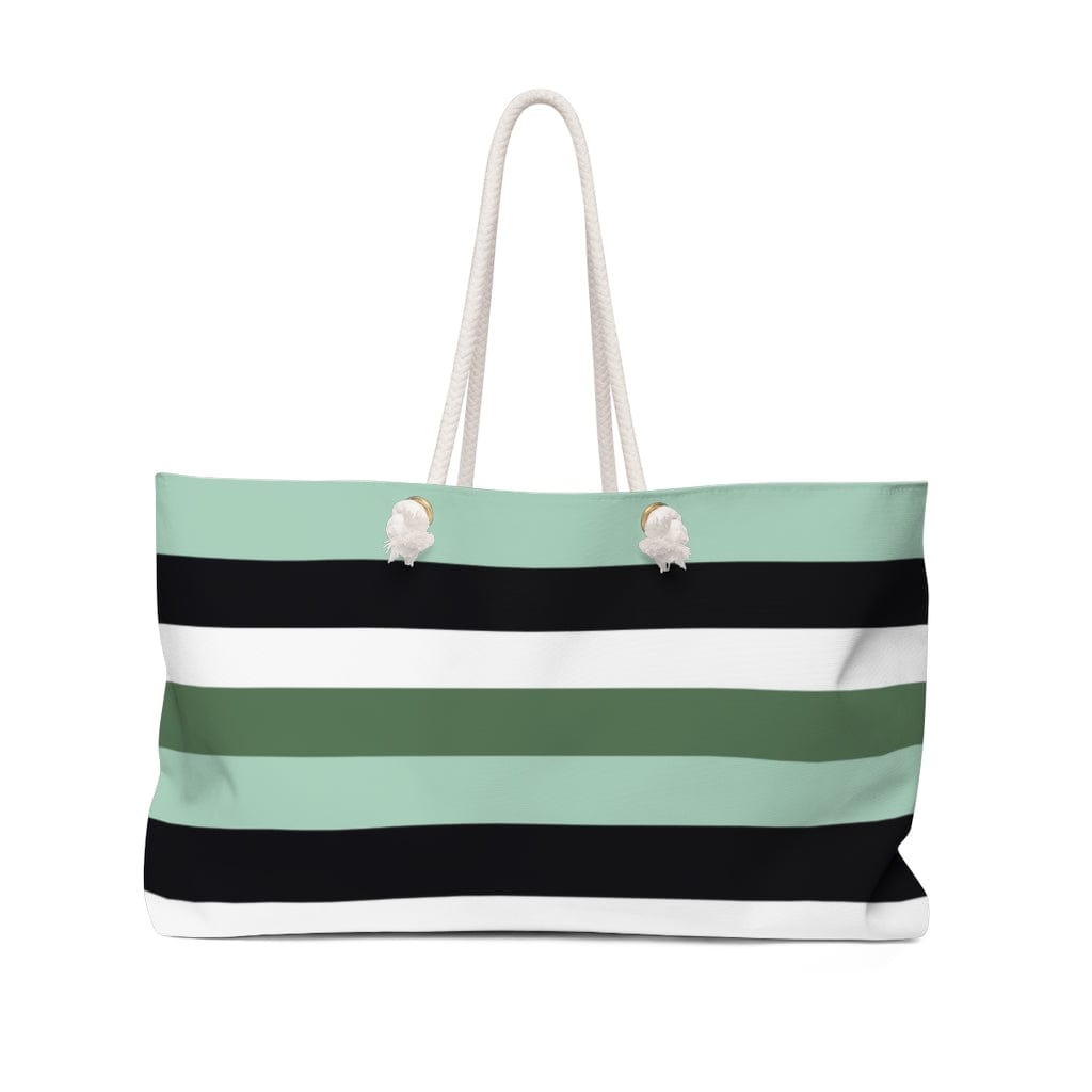 striped green, teal, black and white weekender bag for women. large spacious bag with rope handles 