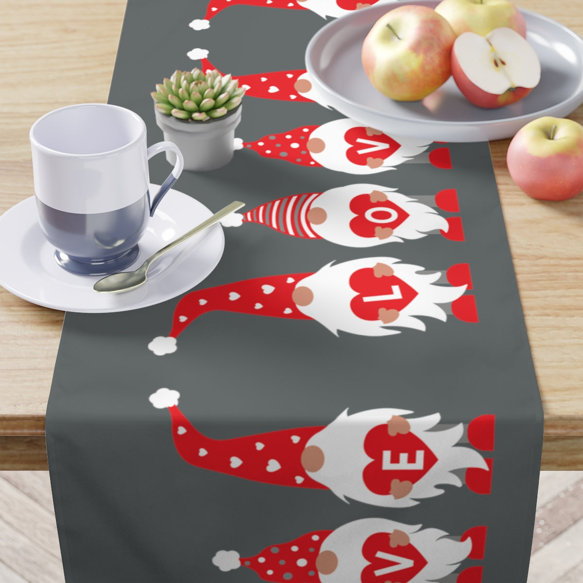 grey and red valentines day gnome table runner