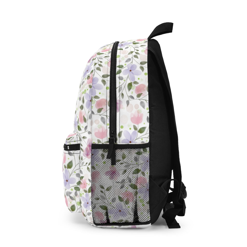 girls or womens bookbag for school, work or travel in purple and pink flower pattern