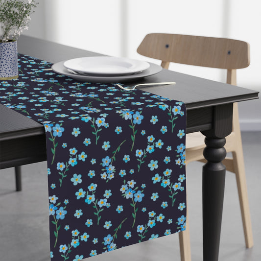 navy blue table runner with baby blue summer flowers 