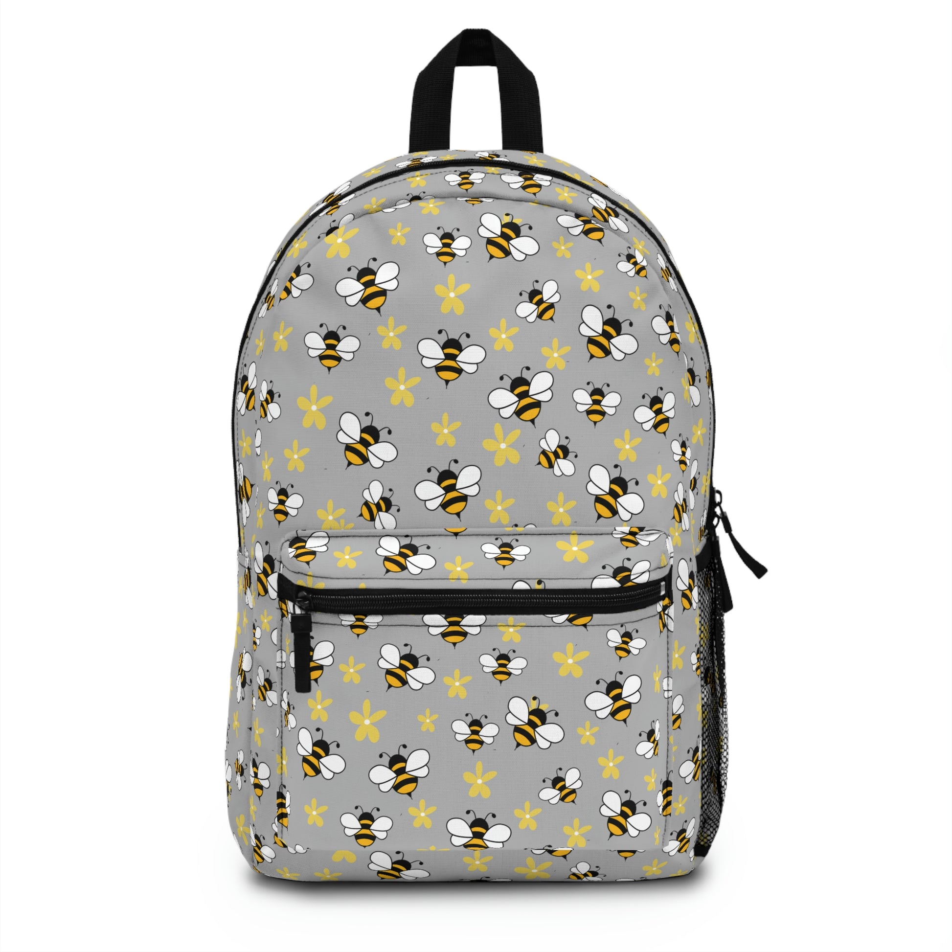 honey bee backpack in grey color with bumble bee and daisy print