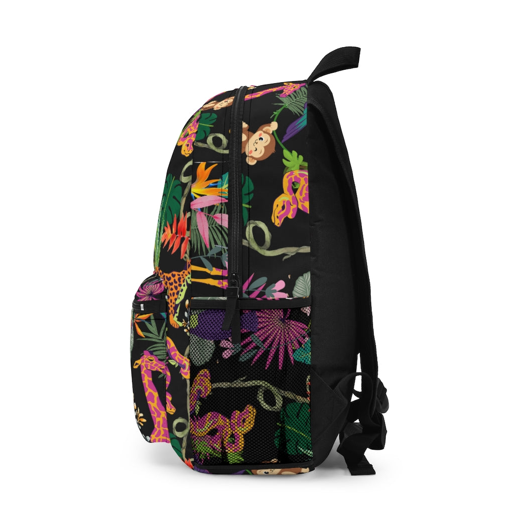 jungle backpack. monkey, snake, toucan, bird, giraffe and flower bookbag