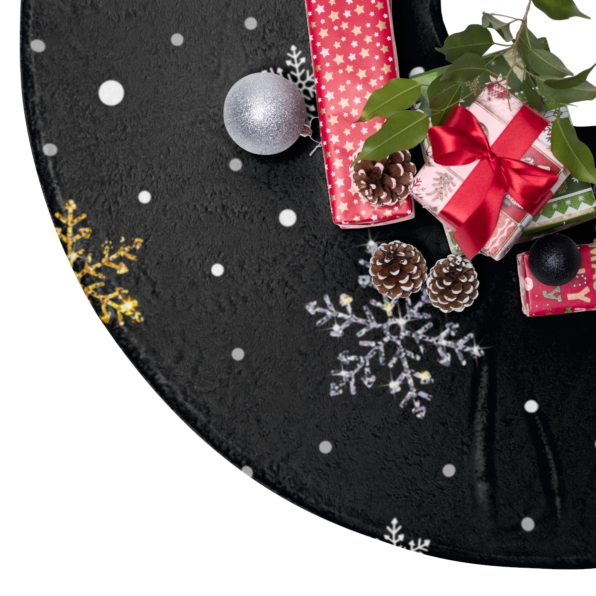 black christmas tree skirt with silver and gold snowflake pattern