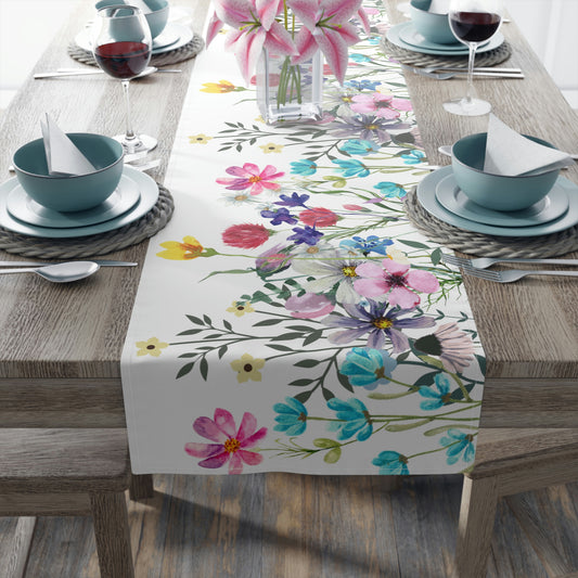 spring wildflower table runner with pink, purple, yellow and blue flower print