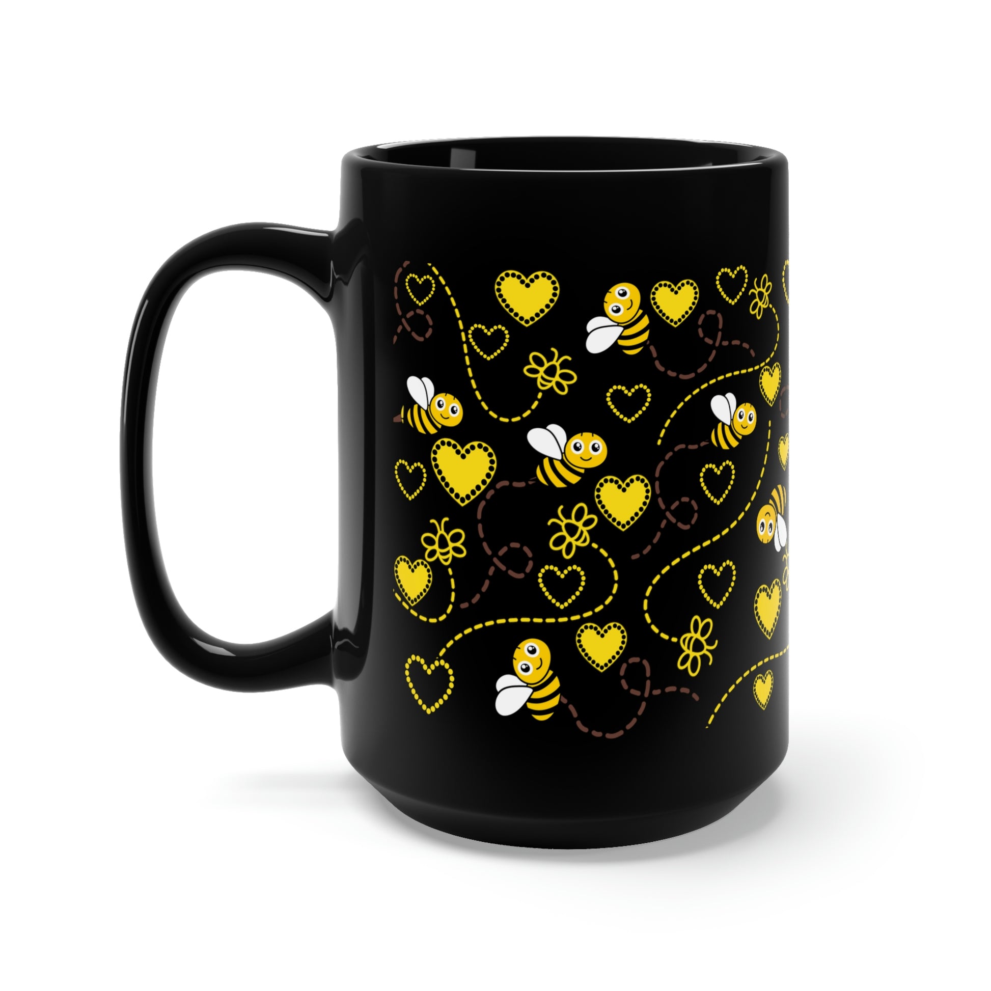 honey bee black coffee mug with yellow bee print and hearts
