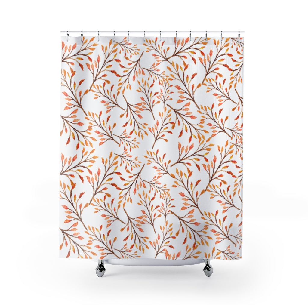 fall shower curtain with orange, red and brown changing leaves pattern. fall bathroom decor