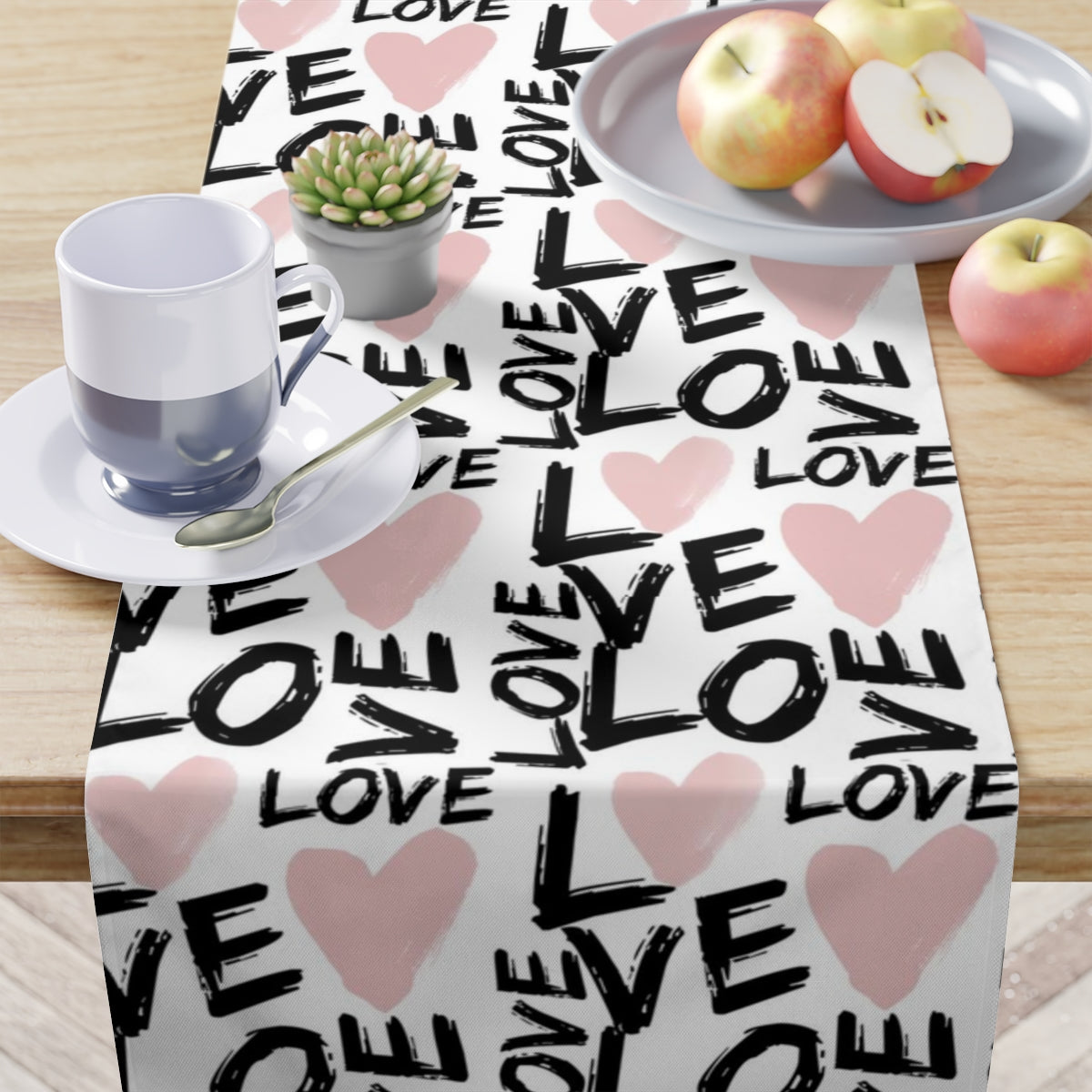 valentines day heart table runner, custom print with love and pink hearts