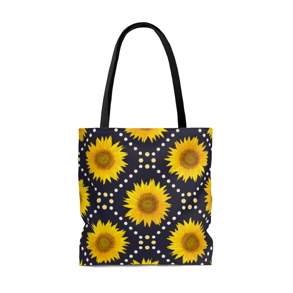 farmhouse tote bag with navy blue background and sunflowers 