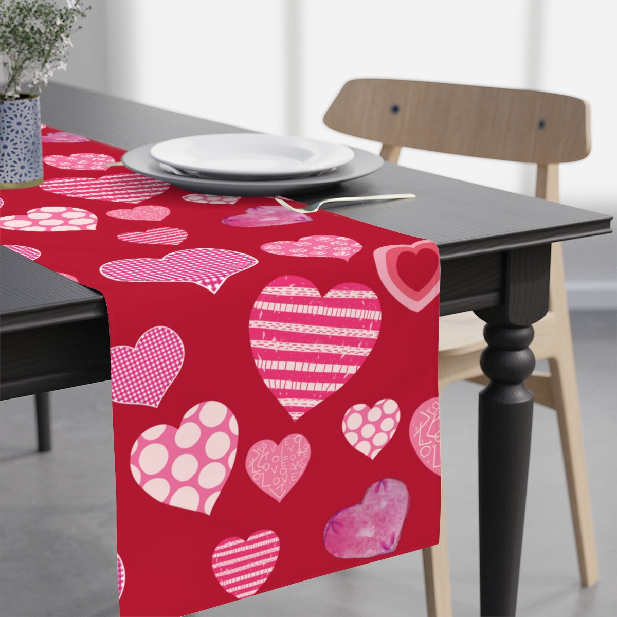 red valentines day heart table runner