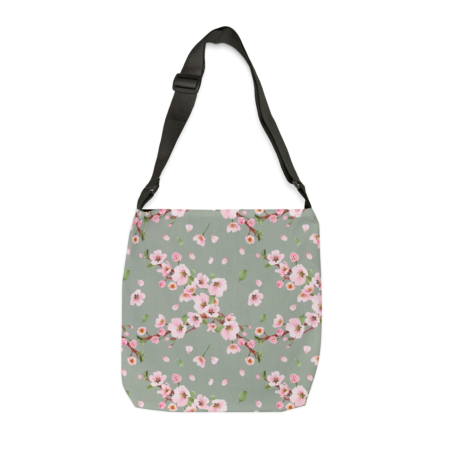 green tote bag or crossbody purse with pink cherry blossom print for women