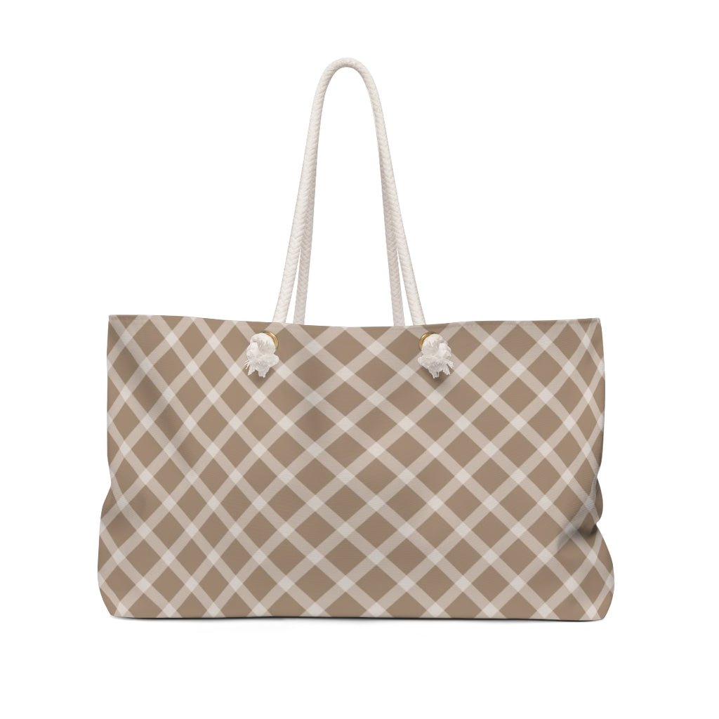 farmhouse beige plaid travel bag with rope handles. 