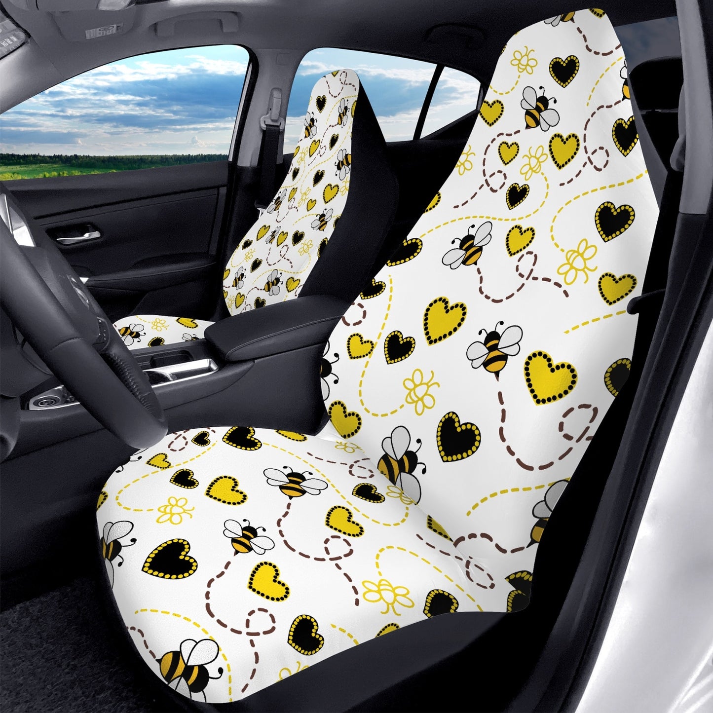honey bee car seat covers with yellow and black hearts and bee print