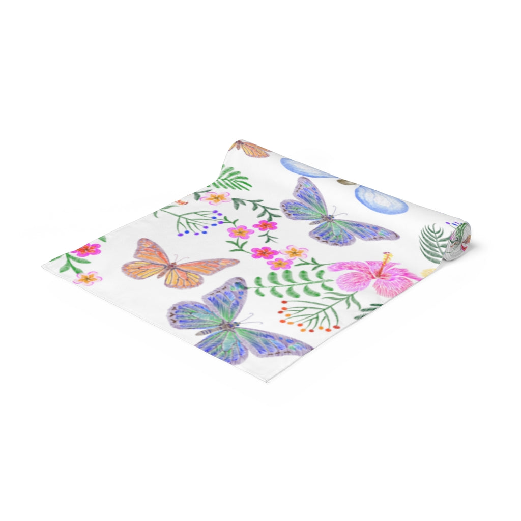 floral and butterfly table runner in rainbow colors 