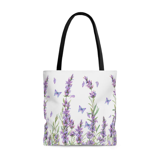 purple lavender and butterfly tote bag