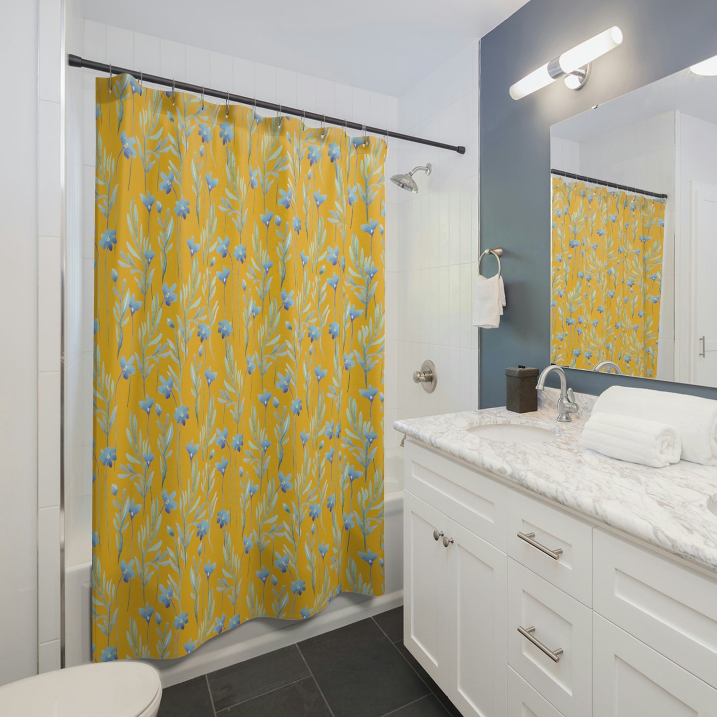 Mustard Yellow Shower Curtain / Blue Bathroom Decor