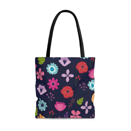 abstract flower tote bag in navy blue with blue, purple, yellow and pink flowers.