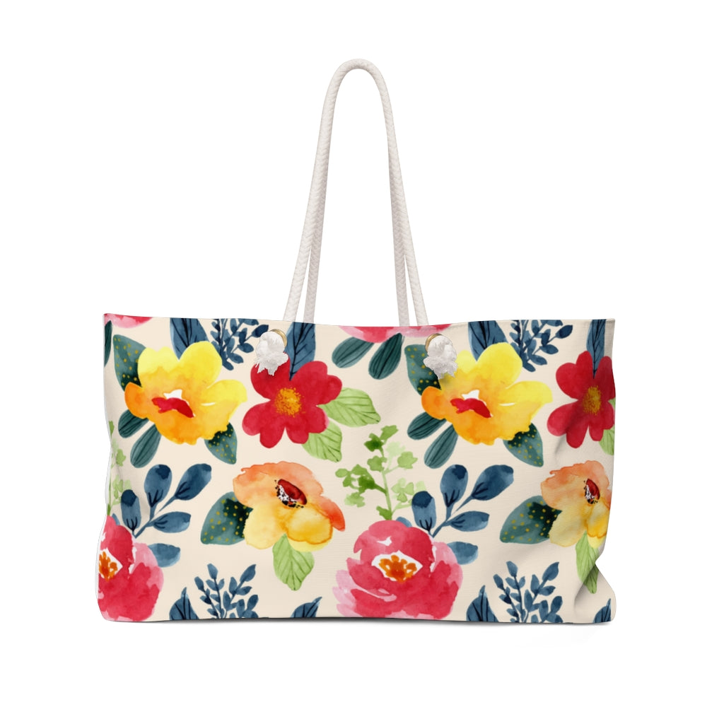 farmhouse floral weekend bag with rope handles, perfect for the beach or travel