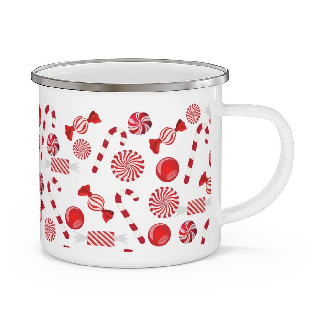 christmas coffee mug. candy cane camping mug in white and red.